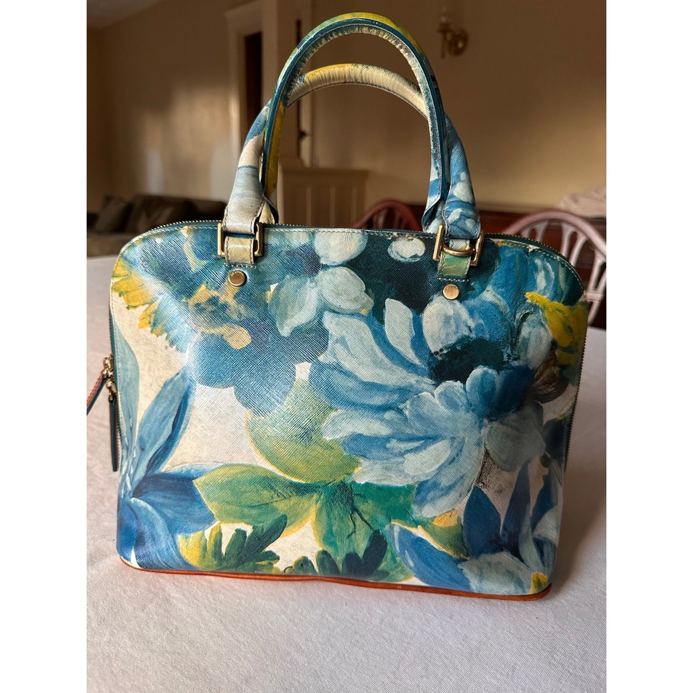 HOLDING DO NOT BUY Brahmin Duxbury Satchel Floral Blue Yellow Leather Dome Bag - Picture 3 of 11